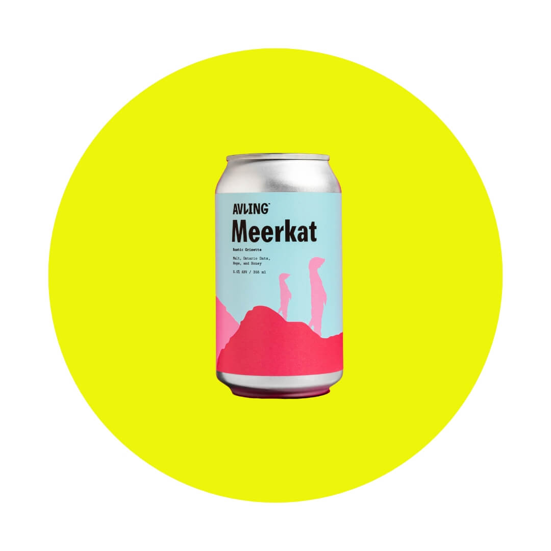 A can with an illustration of meerkats over a neon yellow circle graphic