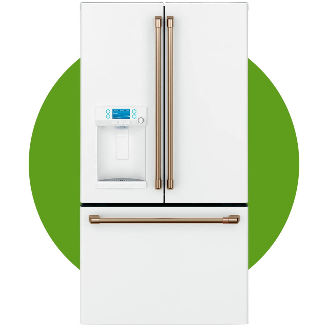 A white fridge over a green circle graphic