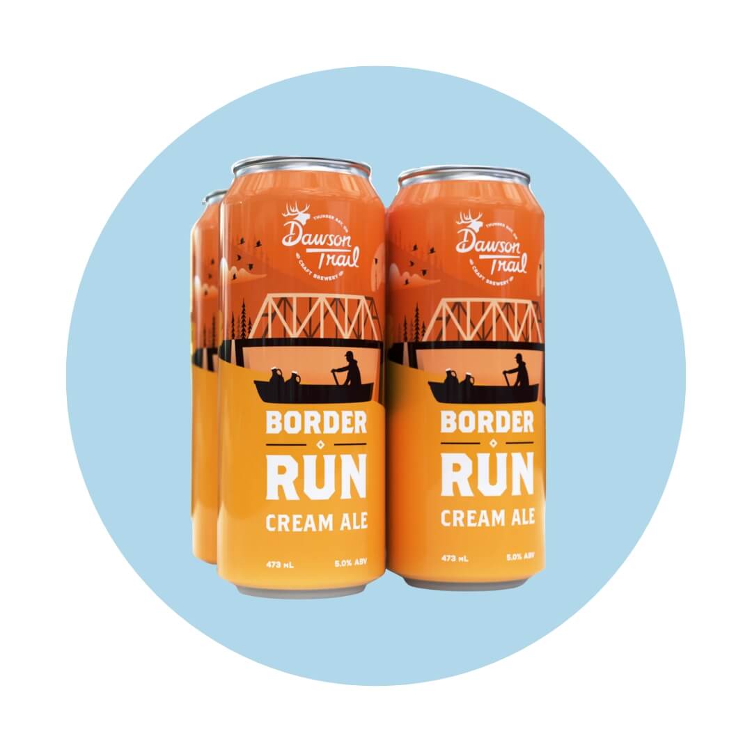 Four orange beer cans over a blue circle graphic