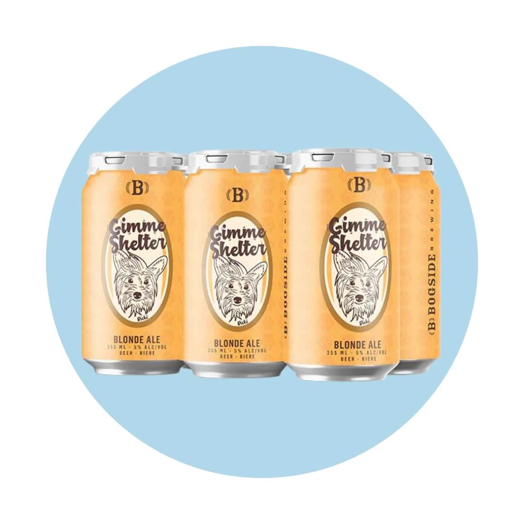 A six-pack of light orange cans with a dog drawing over a light blue circle graphic
