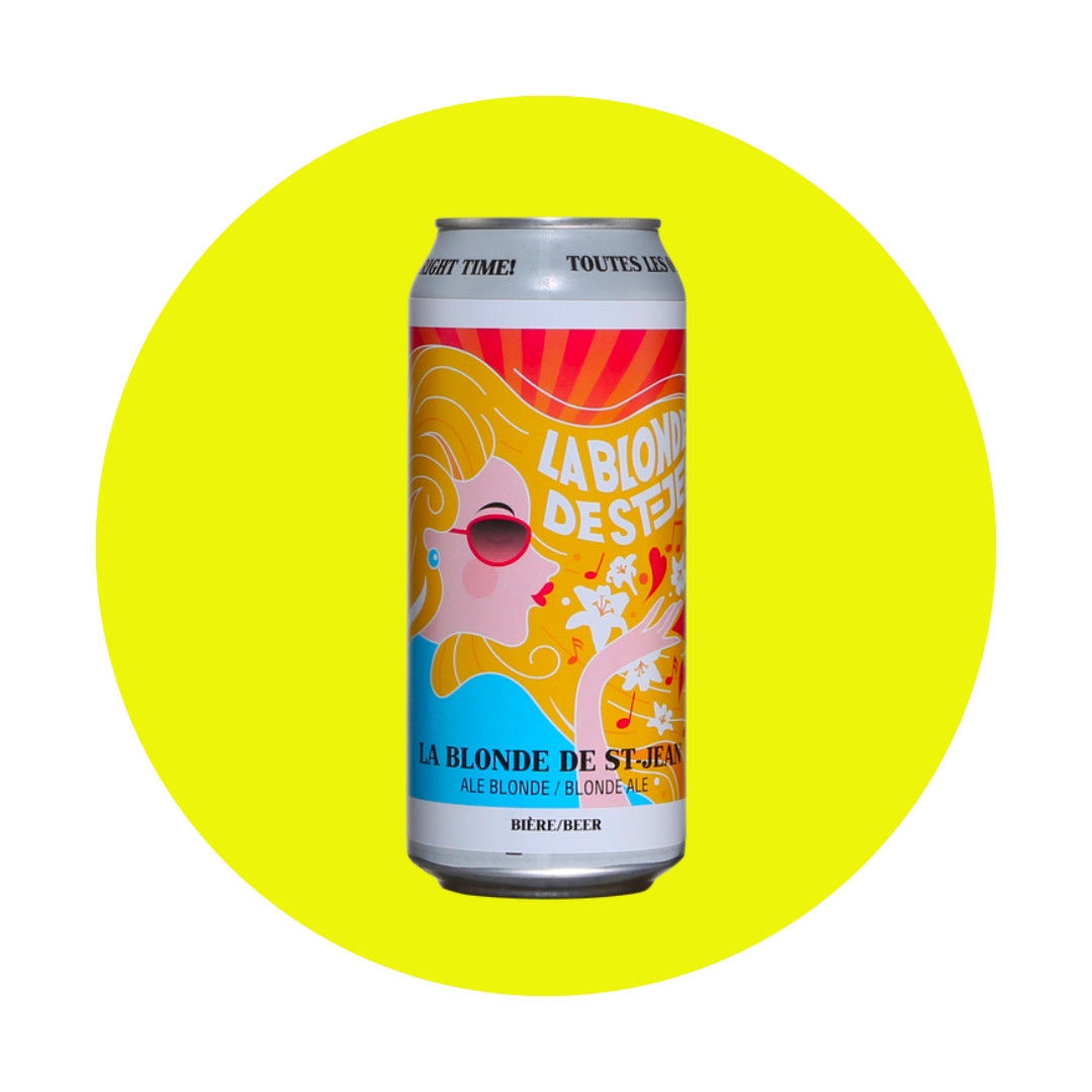 A beer can with an illustration of a blonde woman over a neon yellow circle graphic