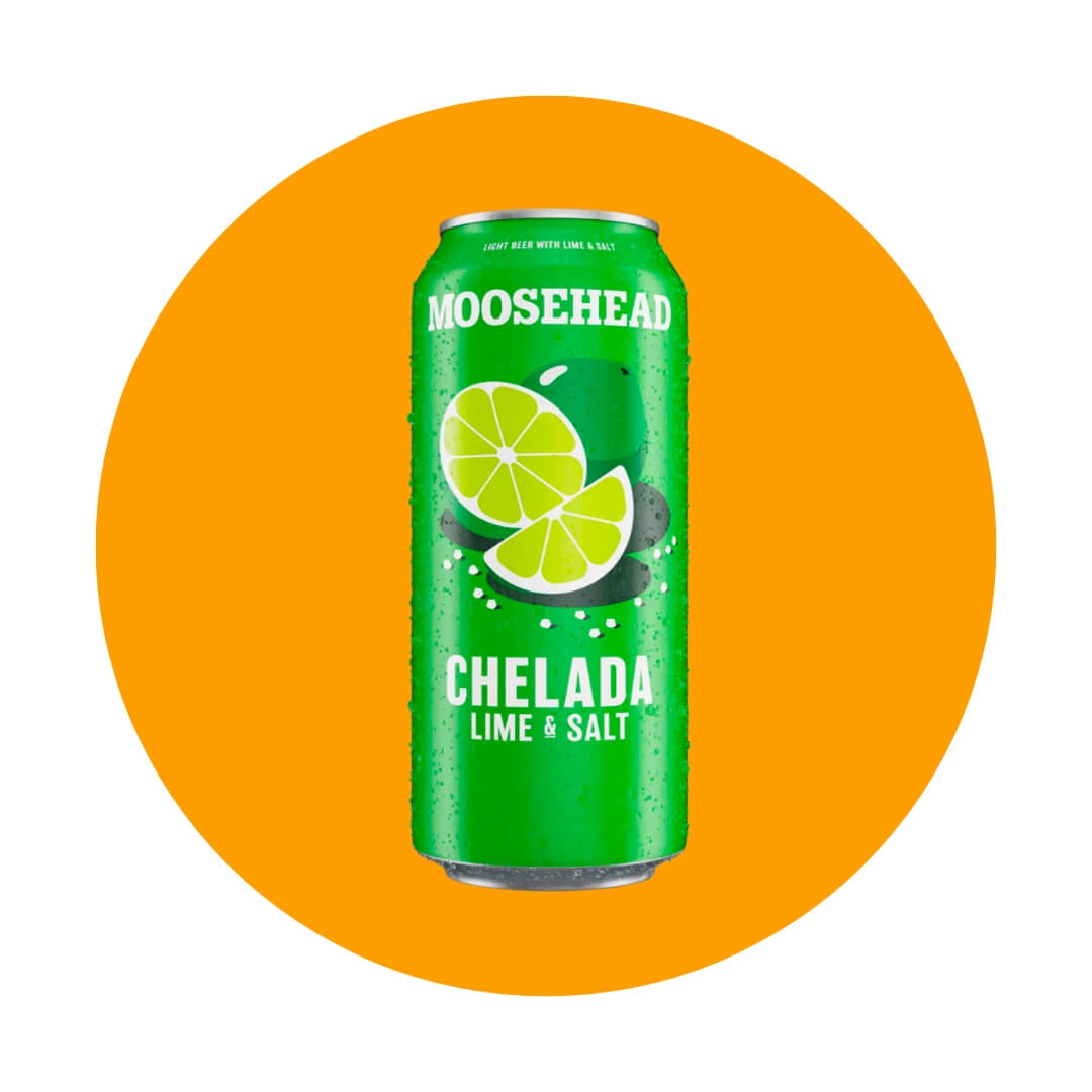 A green beer can with a lime illustration over an orange circle graphic