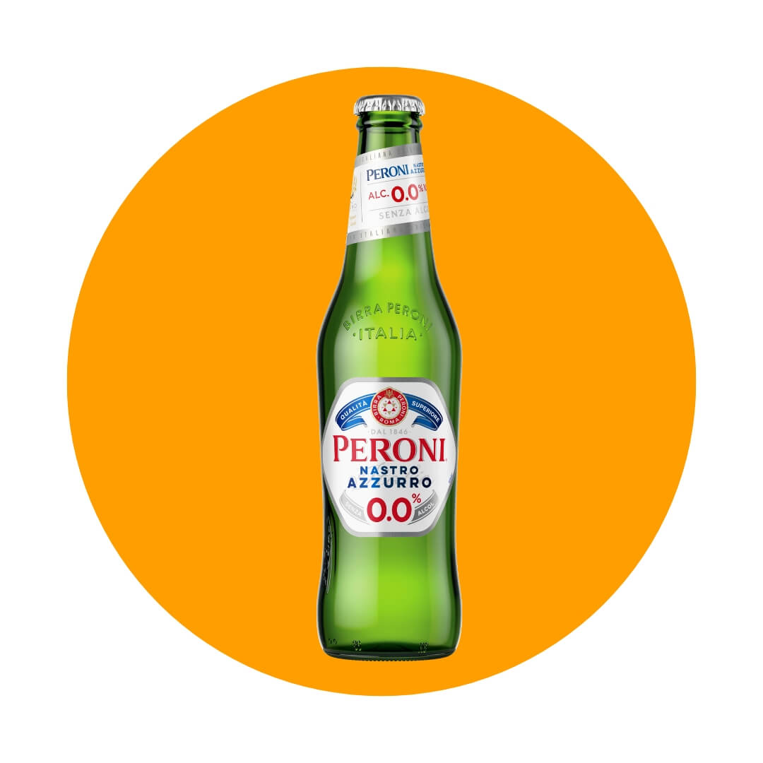 A green beer bottle over an orange circle graphic