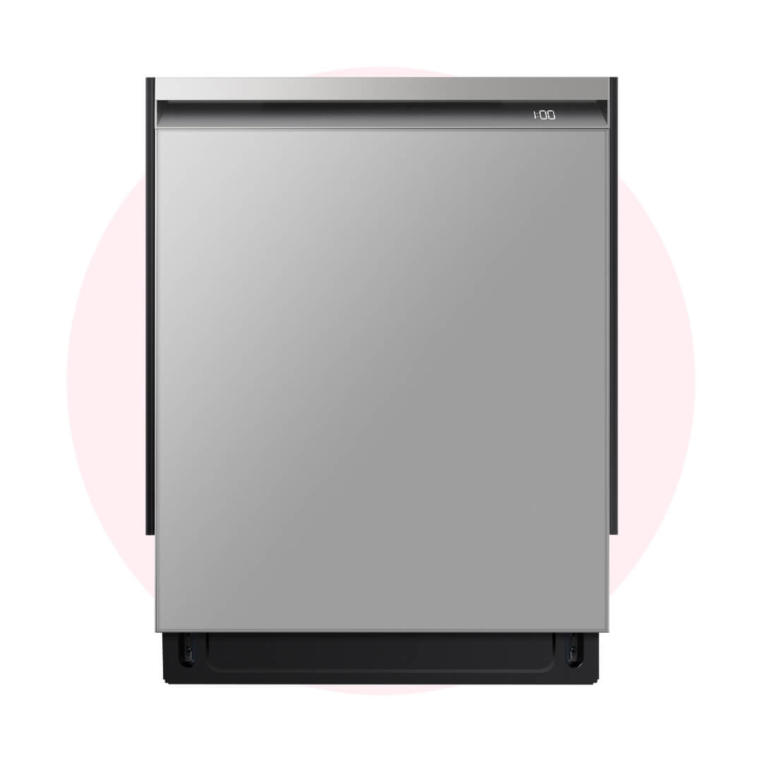 A silver dishwasher over a pale pink circle graphic