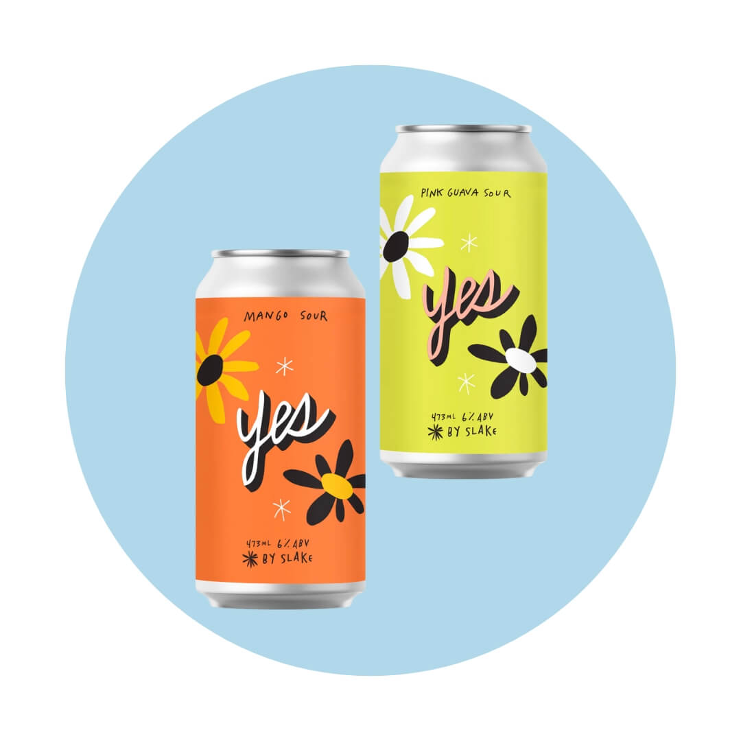An orange and a yellow can with the word 'yes' in cursive over a light blue circle graphic
