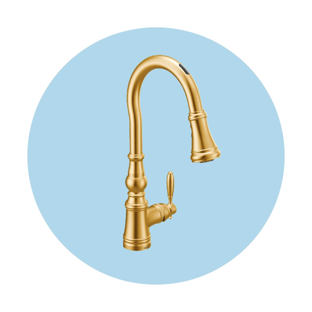 A gold kitchen faucet with a black sensor on the tap over a light blue circle graphic