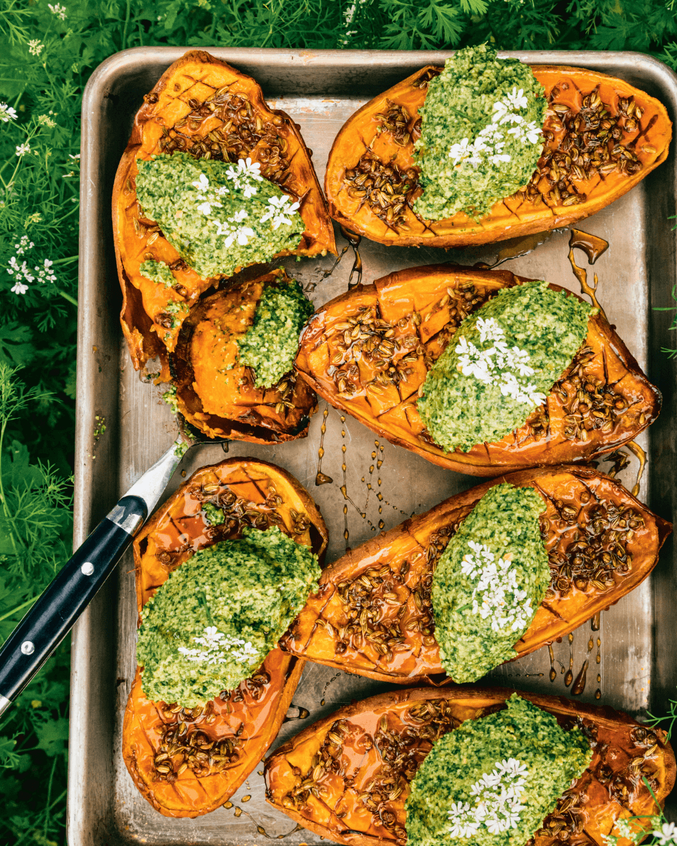 sheetpan of sweet potatoes with pesto