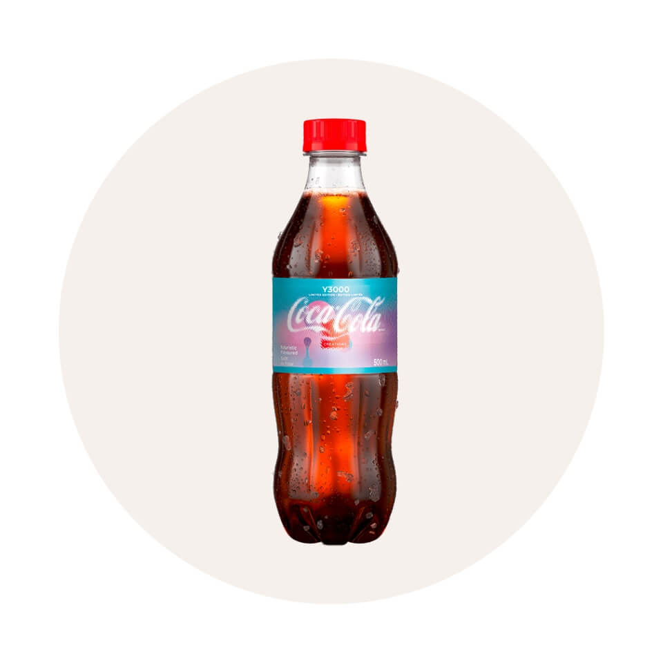 A bottle of Coke with a pink and blue label on a white circle