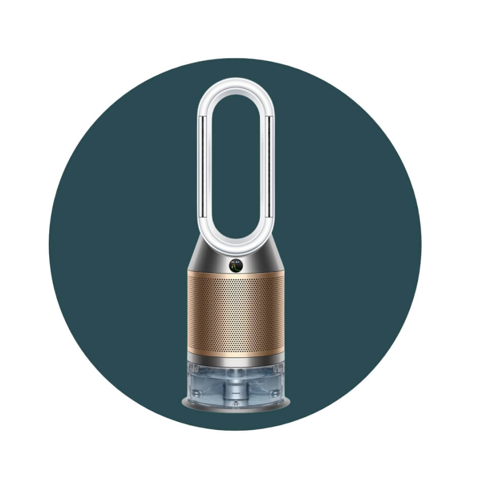 A standing humidifier with silver, gold and copper hardware over a dark teal circle