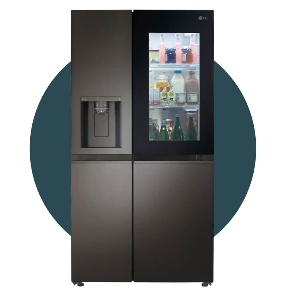 A dark brown fridge with a see-through door panel over a dark teal circle