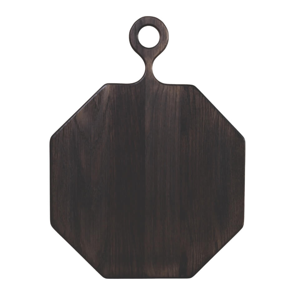 An octagonal wood serving board