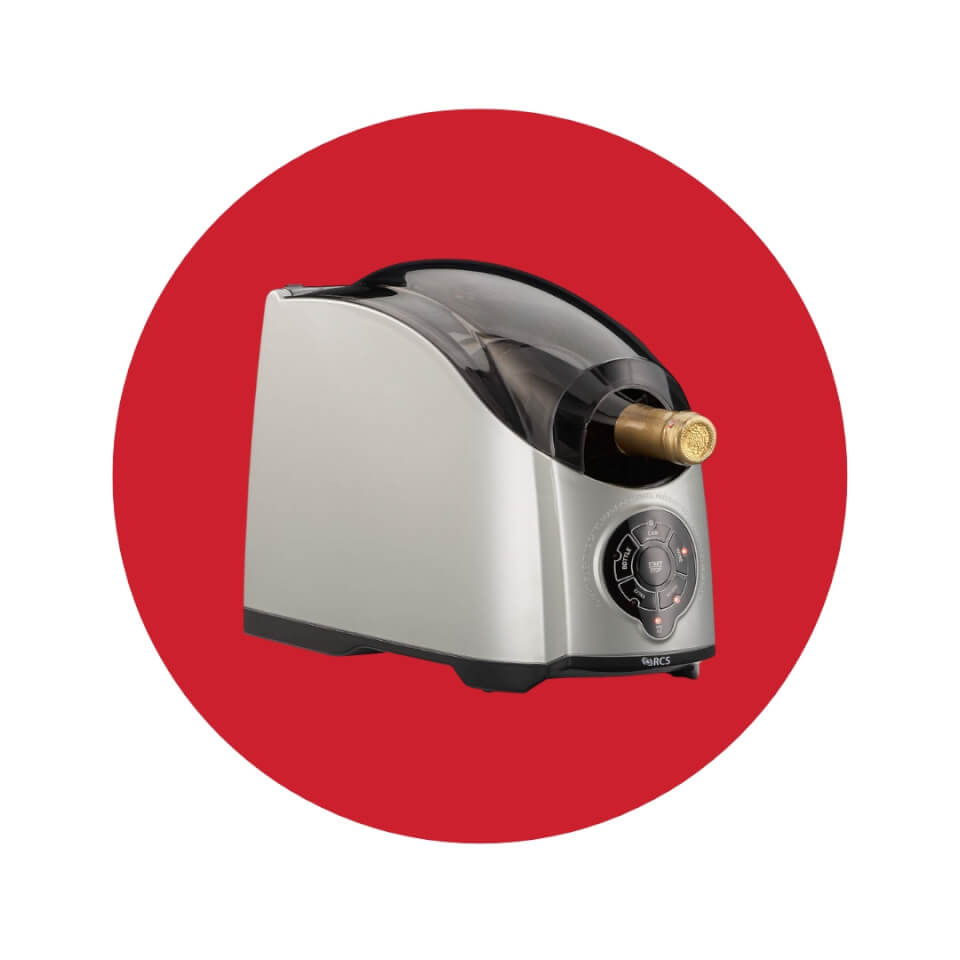 A chilling device with a bottle of wine in it and a button panel visible over a red circle