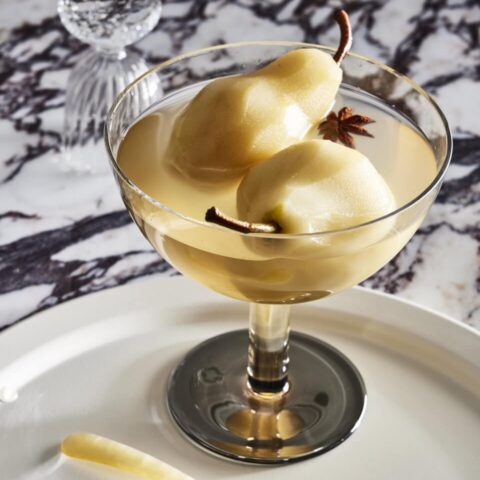 poached pears in bowl