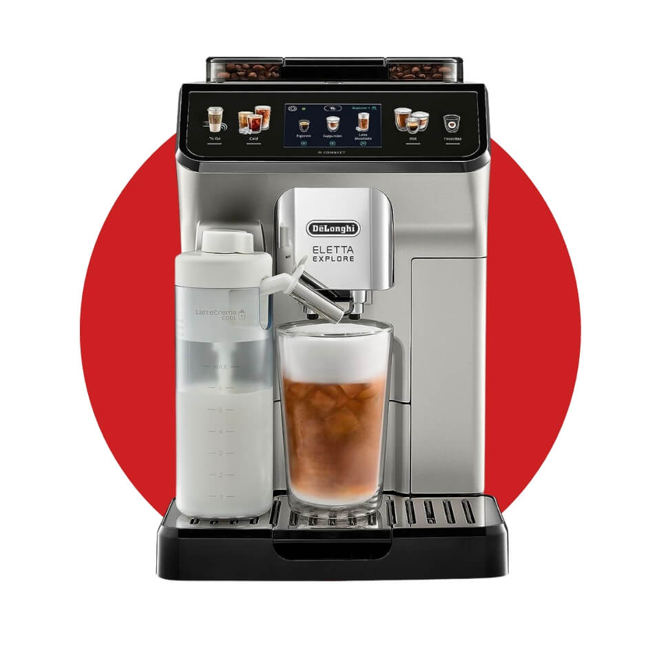 A silver coffee machine over a red circle