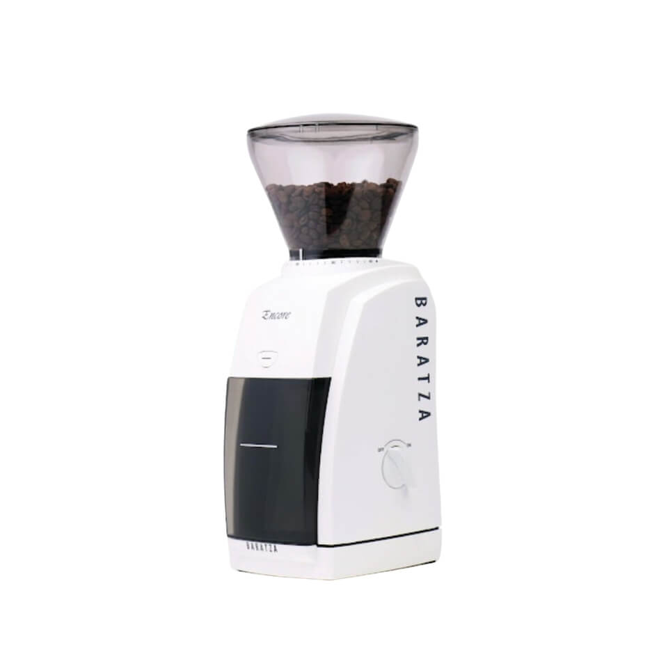 A white motorized coffee grinder
