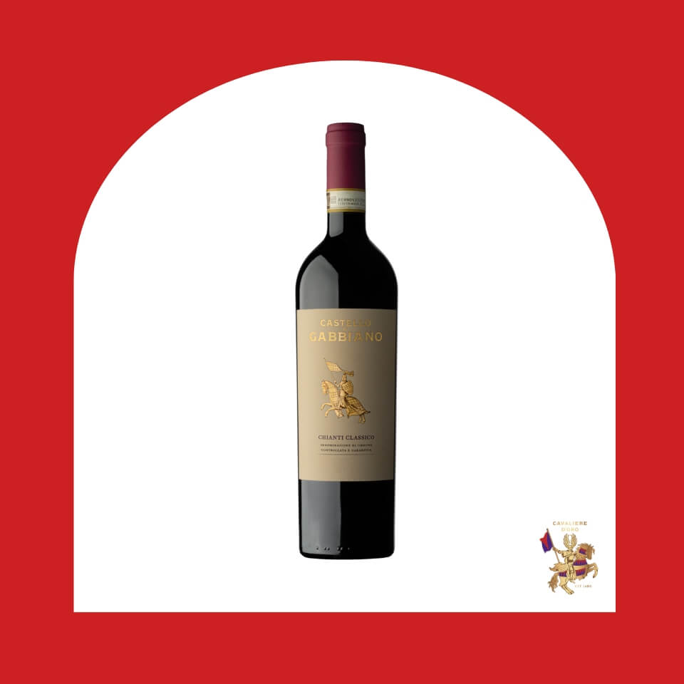 A bottle of red wine in a red arch-shaped frame