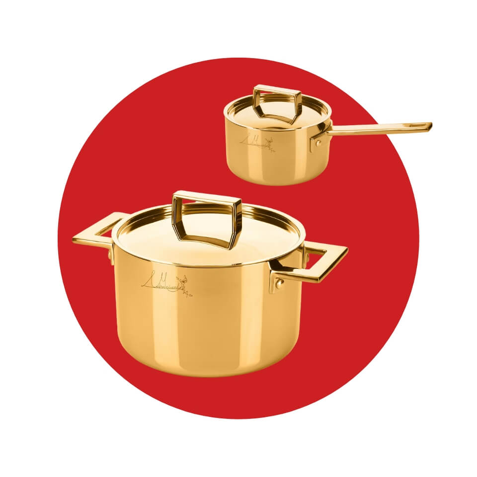 Gold pots over a red circle