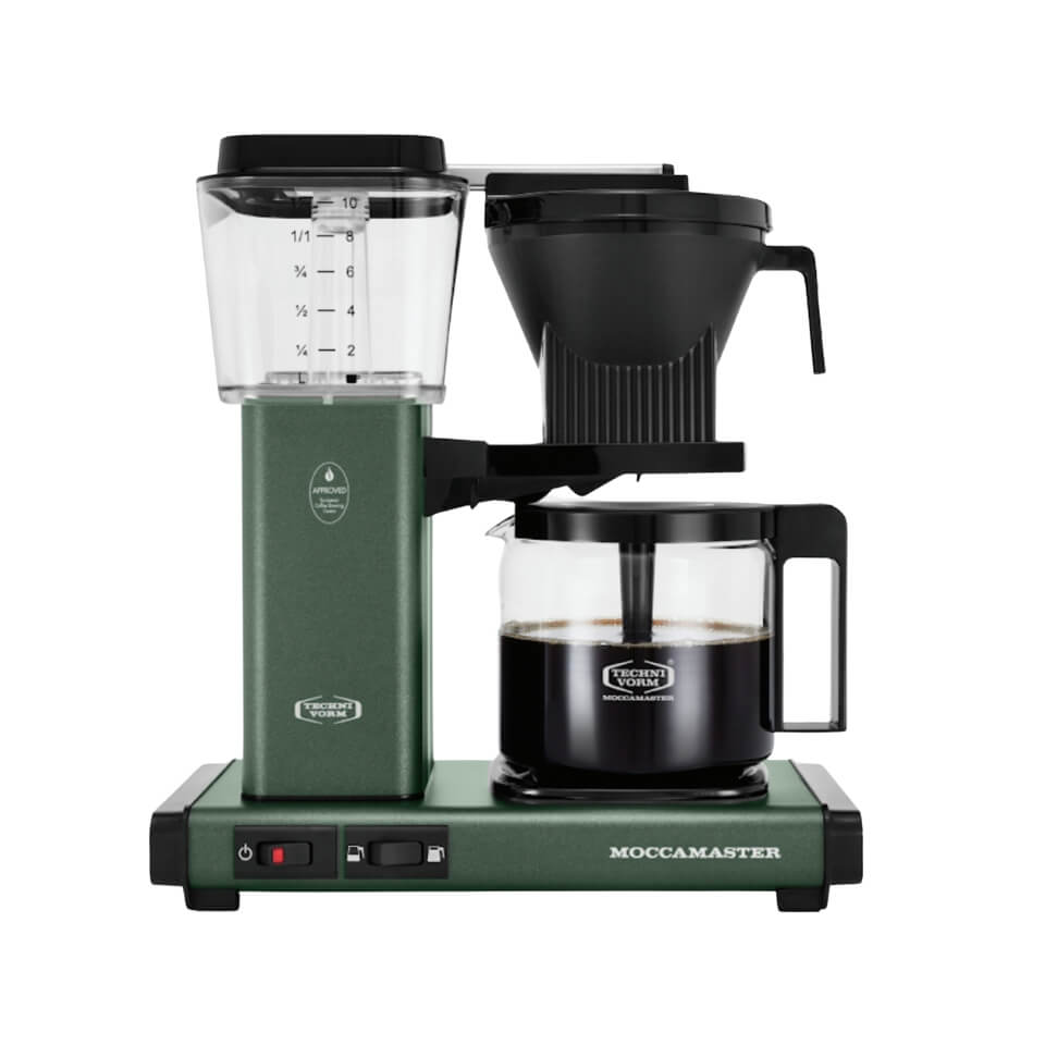 A dark green and black drip coffeemaker