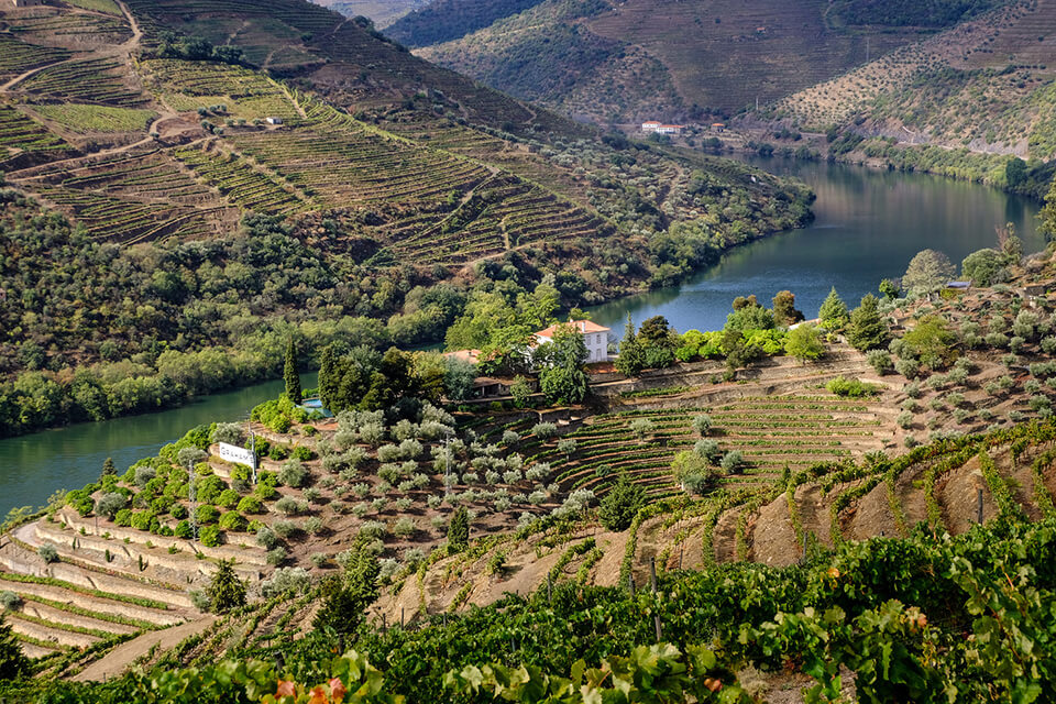 A view of a mountainous countryside with a small hut visible in the centre