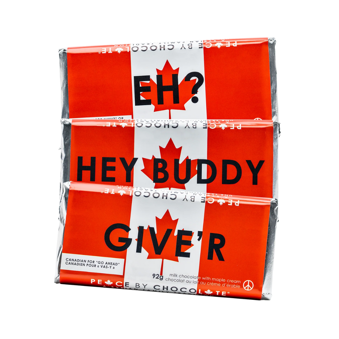 Three chocolate bars with red and white wrappers and canadian slang