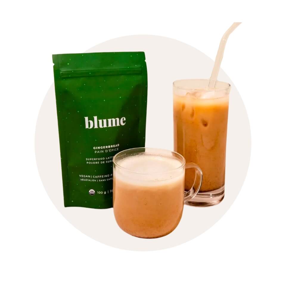 A green pouch, latte in a mug and iced latte with a straw over a cream-coloured circle