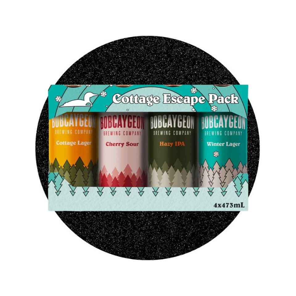 Four different cans of beer with a pine tree pattern on them in a blue box over a sparkly black circle