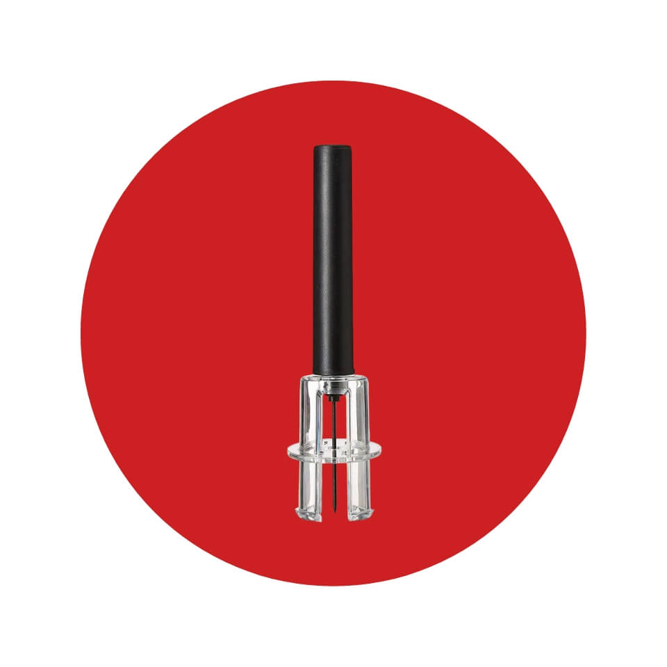 A black-handled wine bottle opener in a red circle