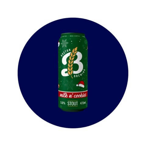 A green can of stout in a dark blue decorative circle.