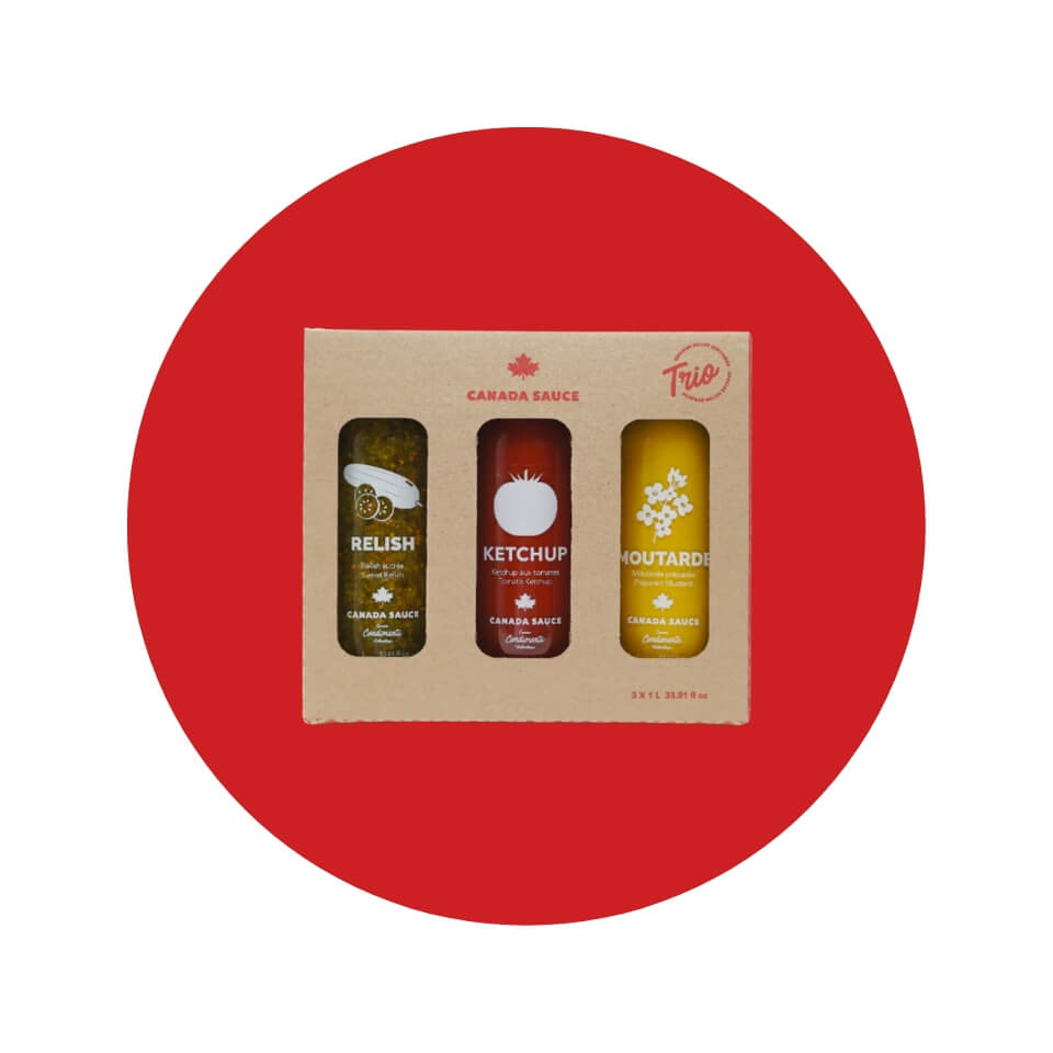 A container of relish, mustard and ketchup in a brown box in a red circle