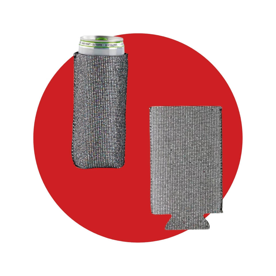 Two metallic silver beer koozies, one with a can in it, over a red circle