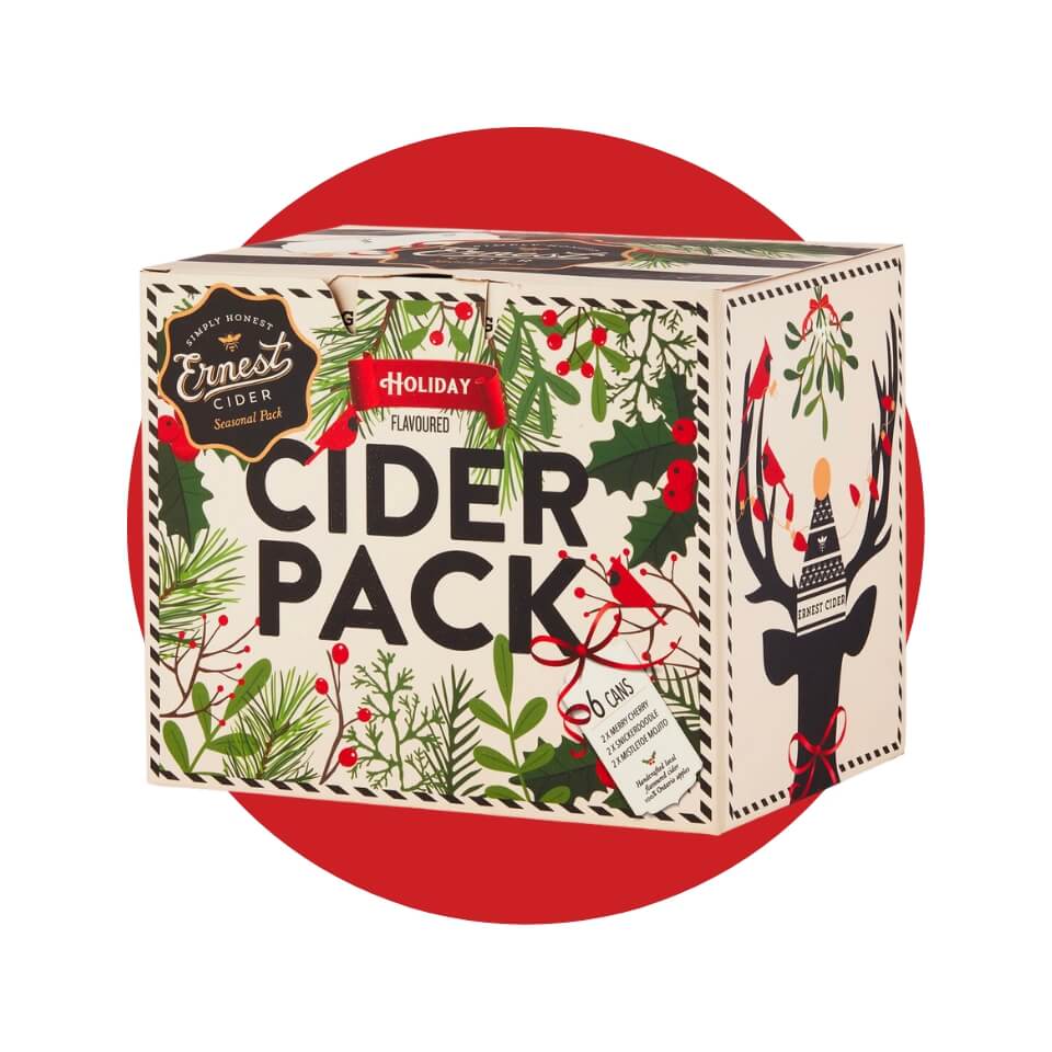 A box with holiday designs and the words "Cider Pack" written in black over a red circle