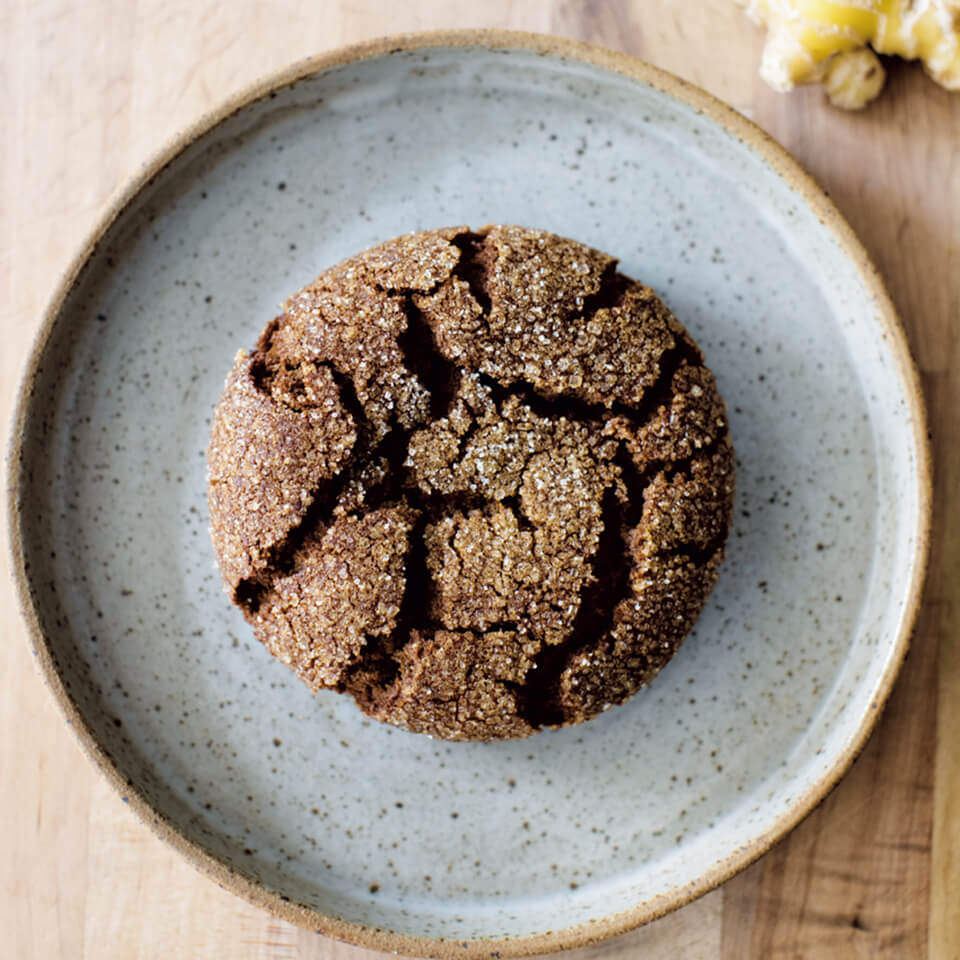 A ginger and molasses cookie on a light blue speckled plate