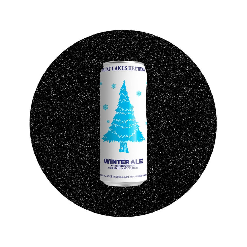 A white can with a blue Christmas tree in a sparkly black circle