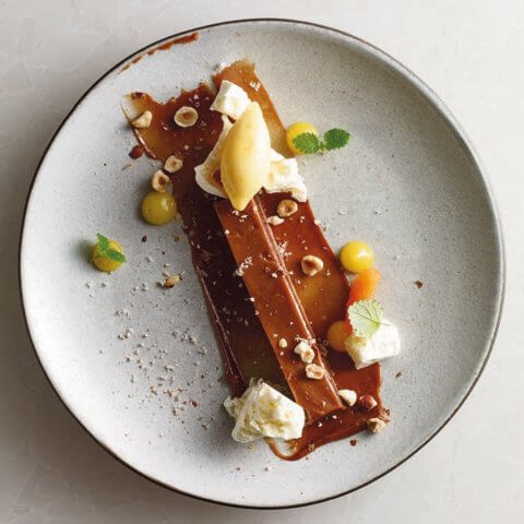 A plate with a chocolate dessert