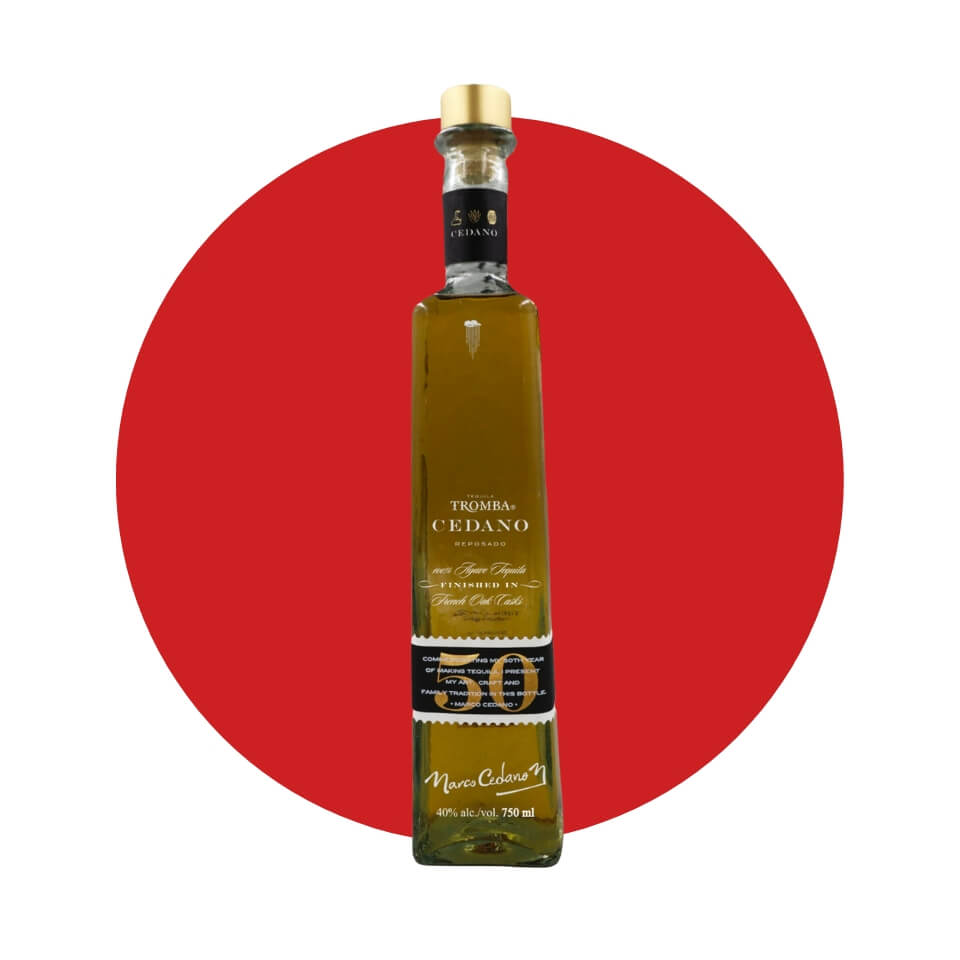 A bottle of tequila over a red circle