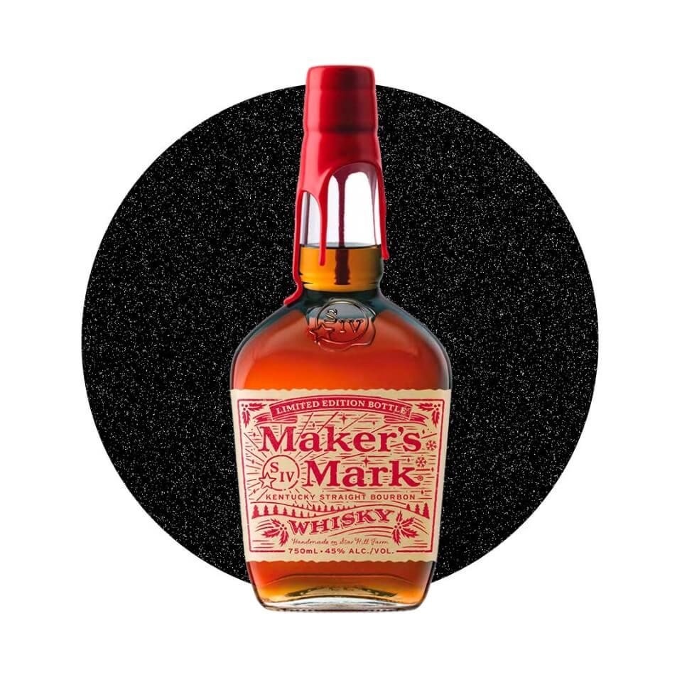 A bottle of Bourbon with a red cap over a sparkly black circle