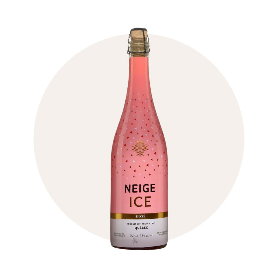 A pink bottle over a cream-coloured circle