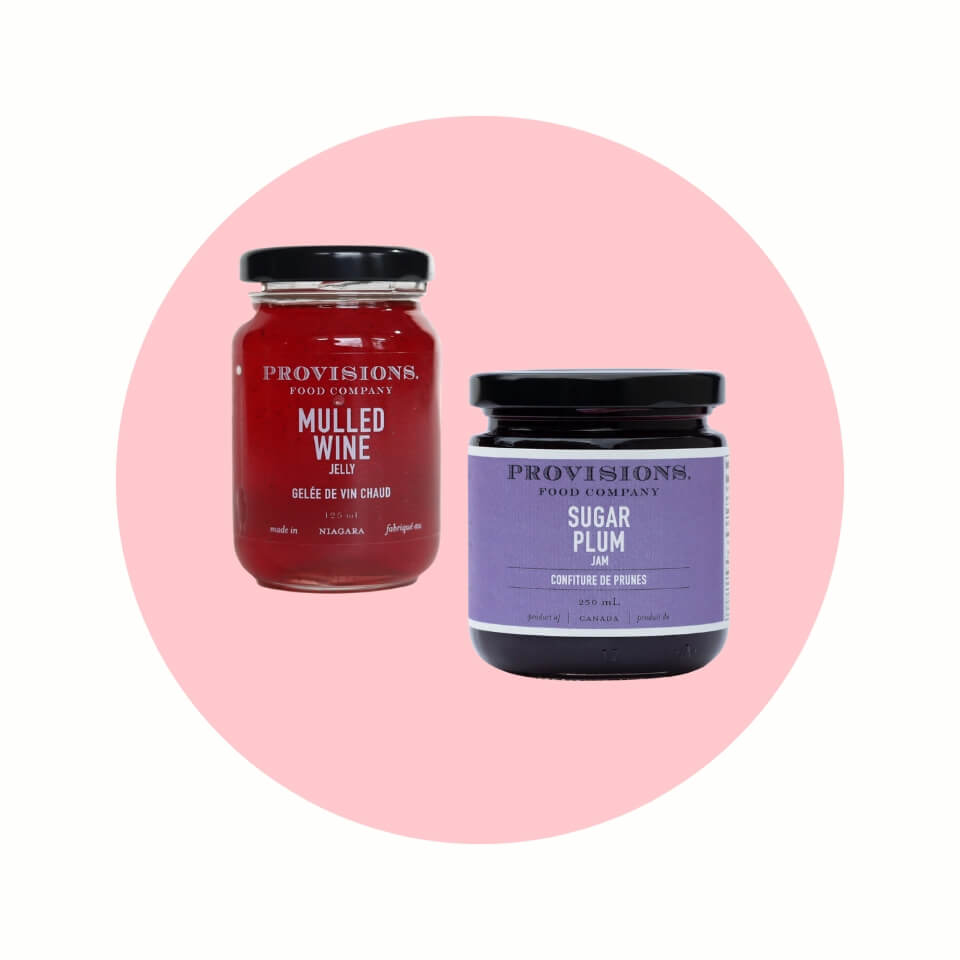 Two jars of jams in a light pink circle