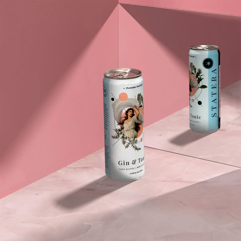 A white and blue can in front of a mirror in a pink box-like area