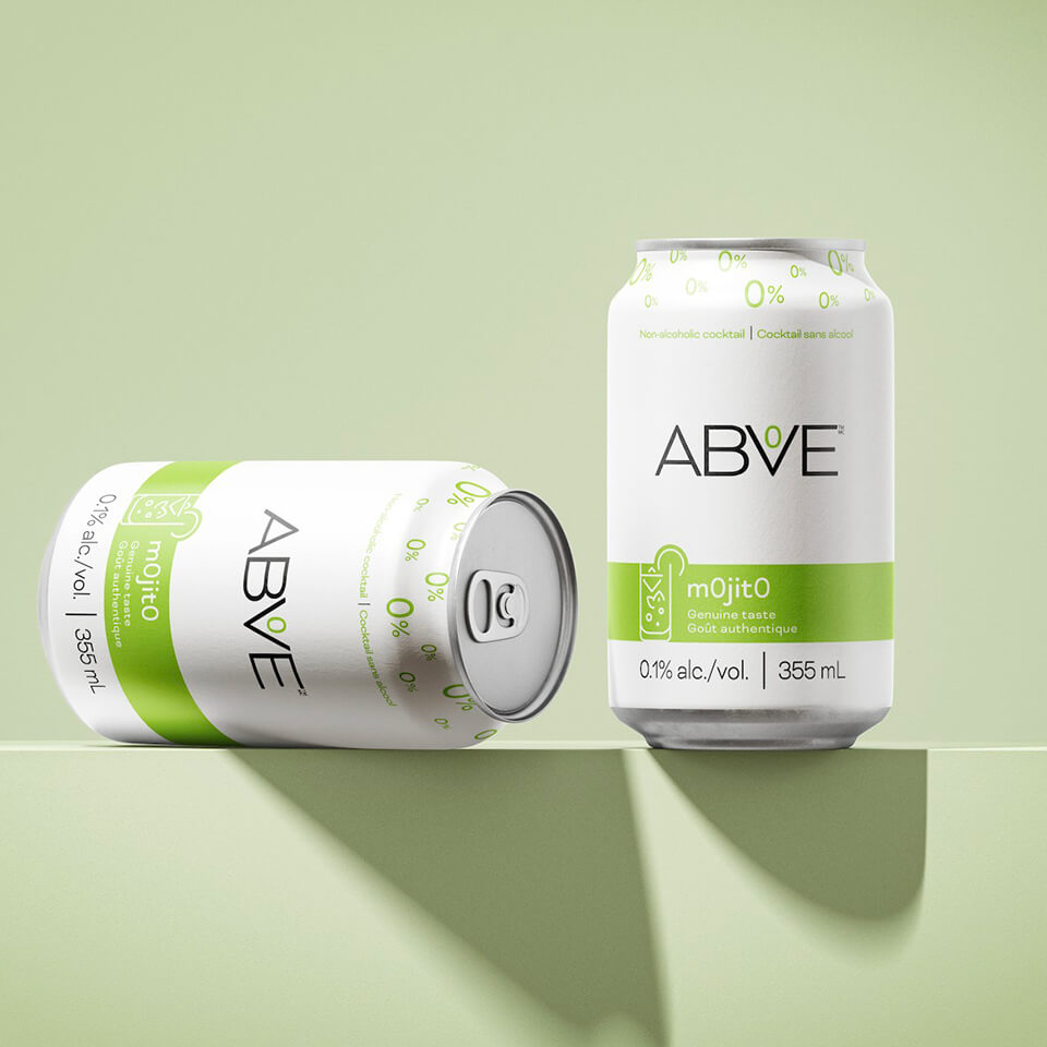 Two green and white cans against a light green backdrop
