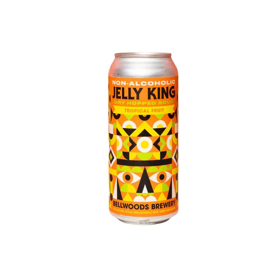 A silver tall can with an orange, black and yellow design