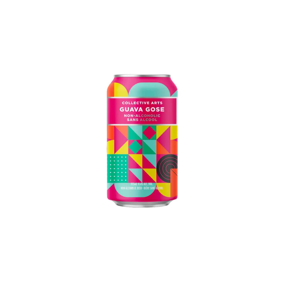 A pink can with a multicoloured pattern