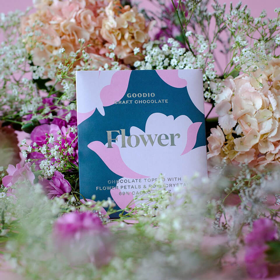 A package surrounded by flowers