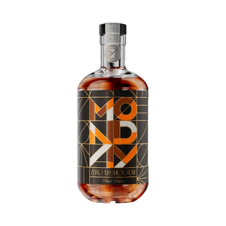 A bottle of brown spirits with an abstract label