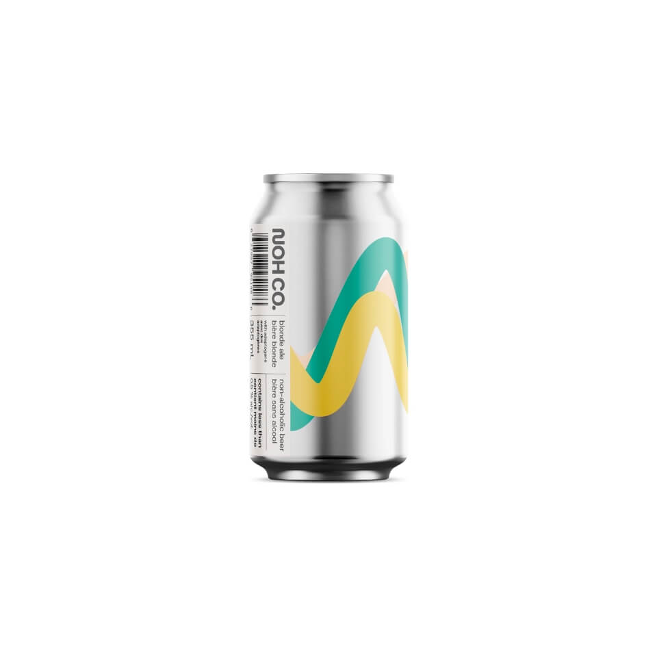 A silver can with a yellow and teal design