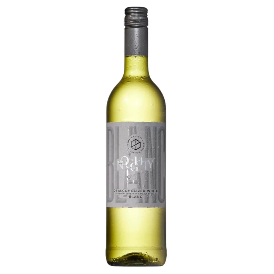 A bottle of white wine with a grey cap and label