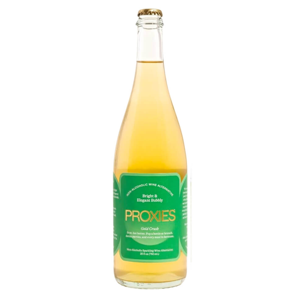 A bottle of white wine with a green label