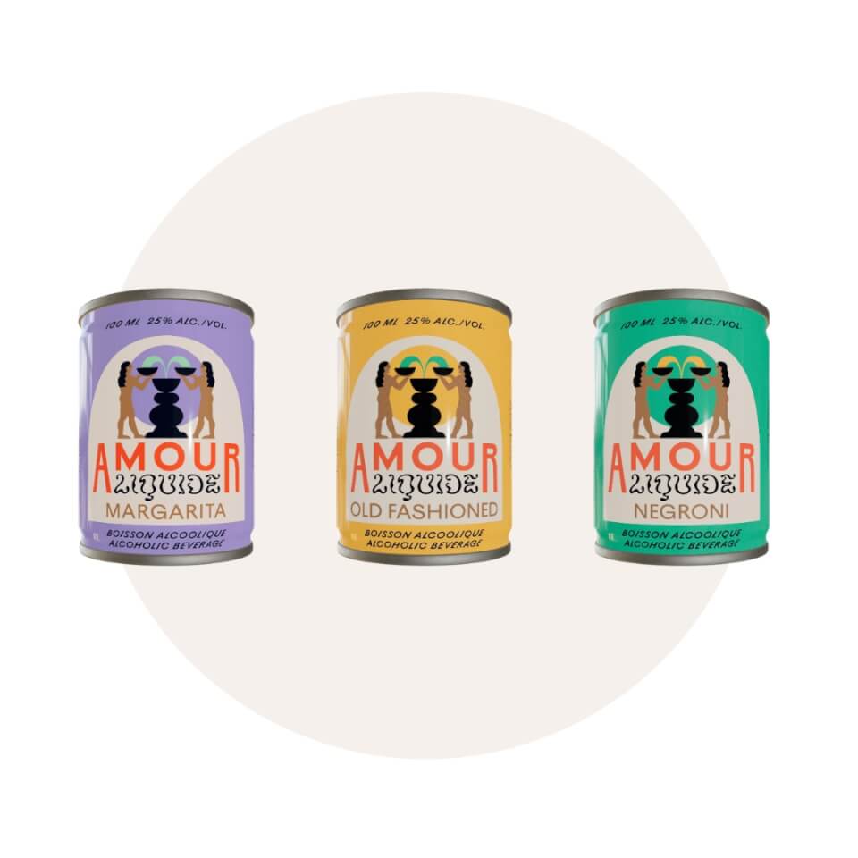 Three cans in pastel colours over a cream-coloured circle