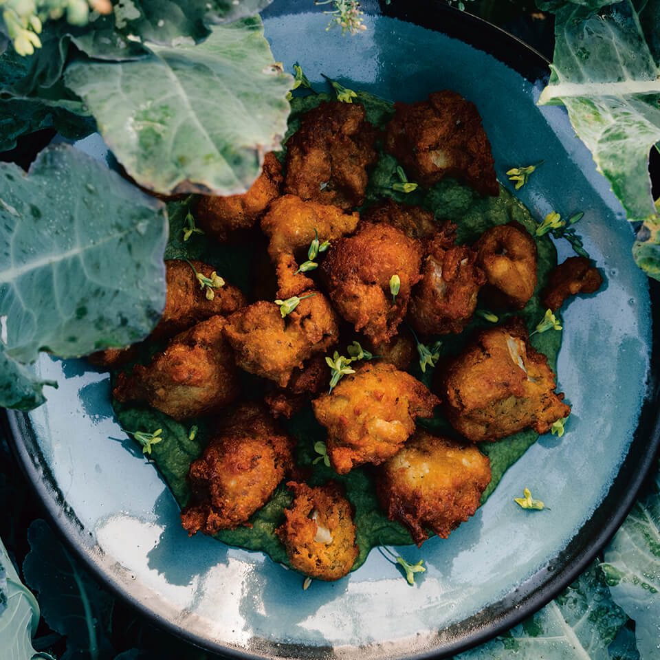 A dish of cauliflower fritters in an outdoor patch
