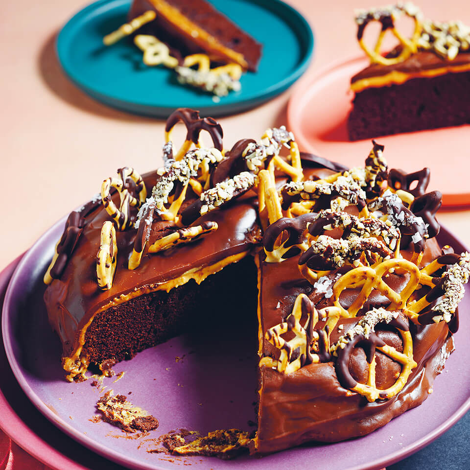 A chocolate cake topped with pretzels